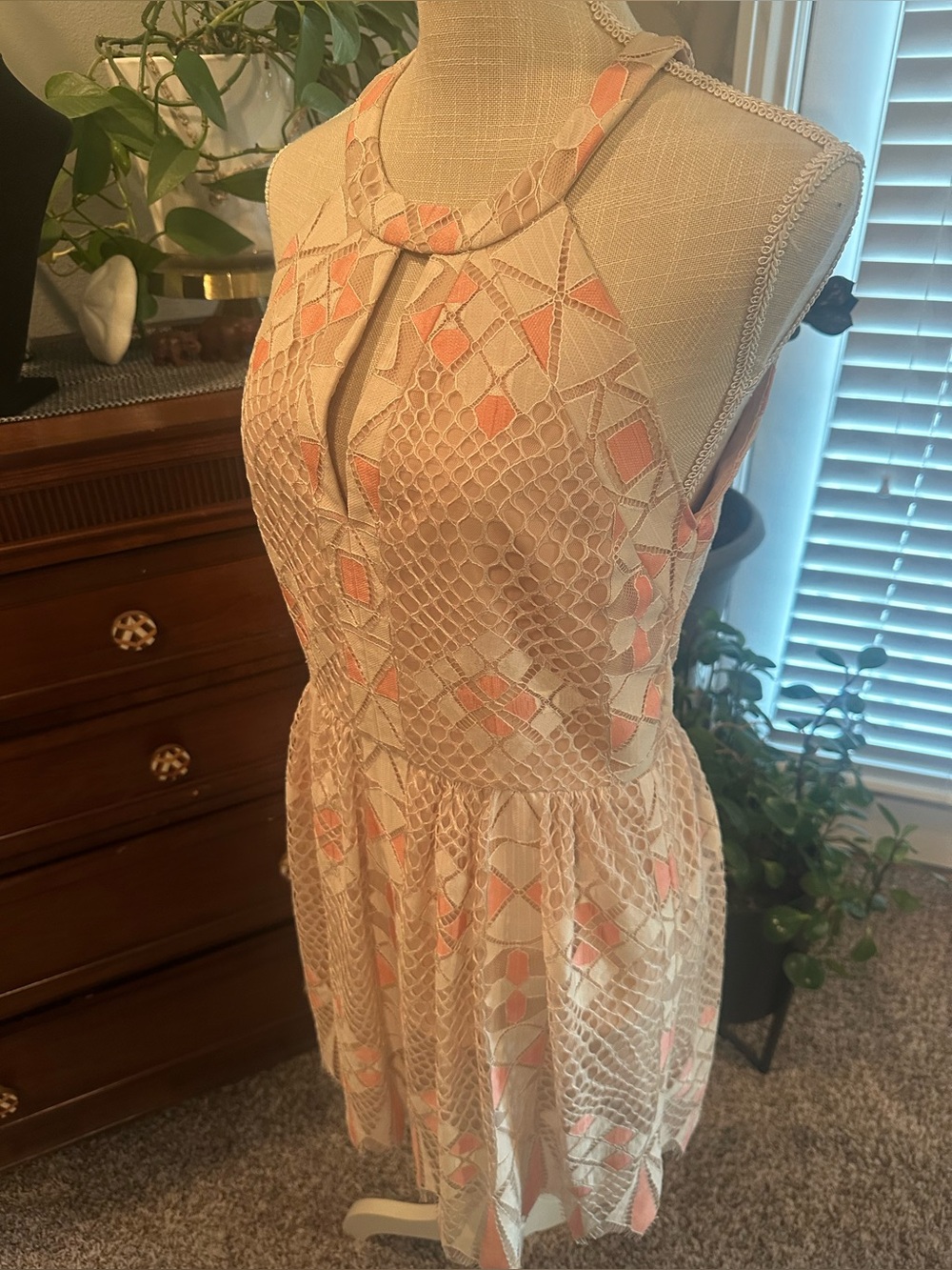 BCBGMaxAzria Cream and Peach Crochet Lace Halter Mini Dress